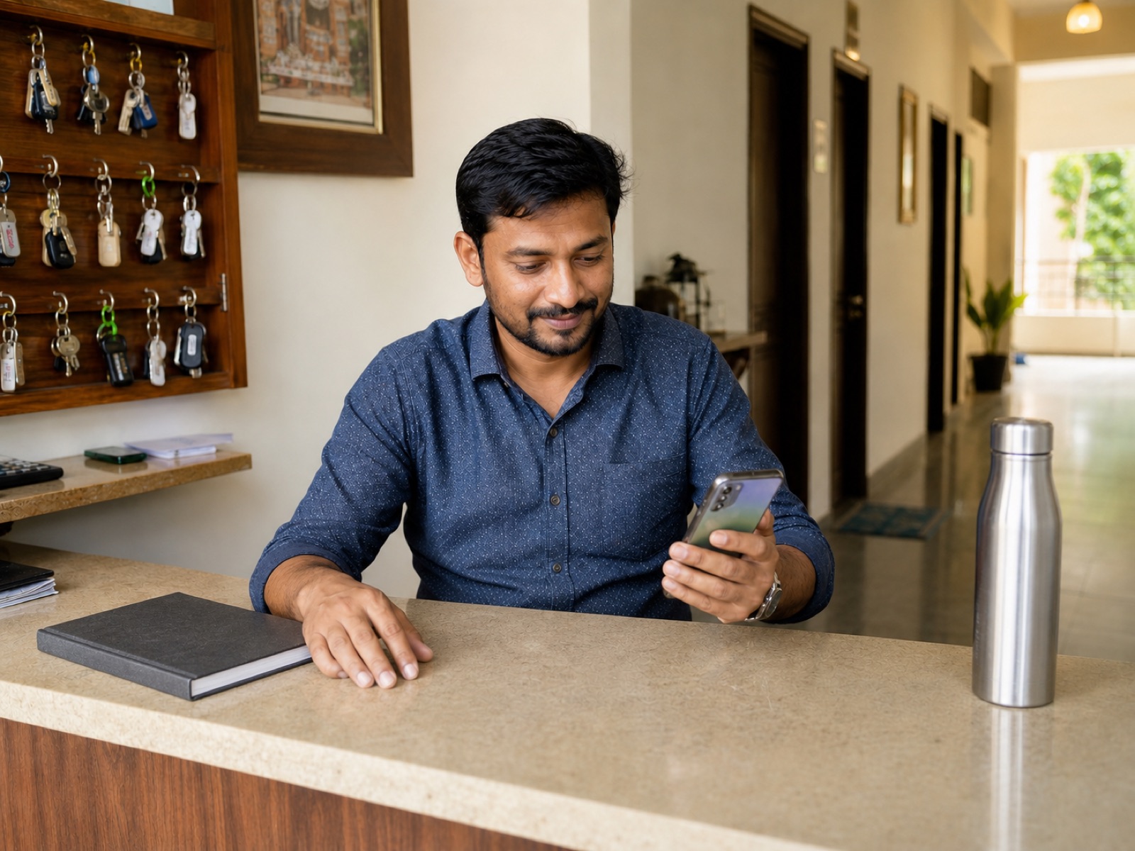 The same property owner calmly checking organized operations on his phone