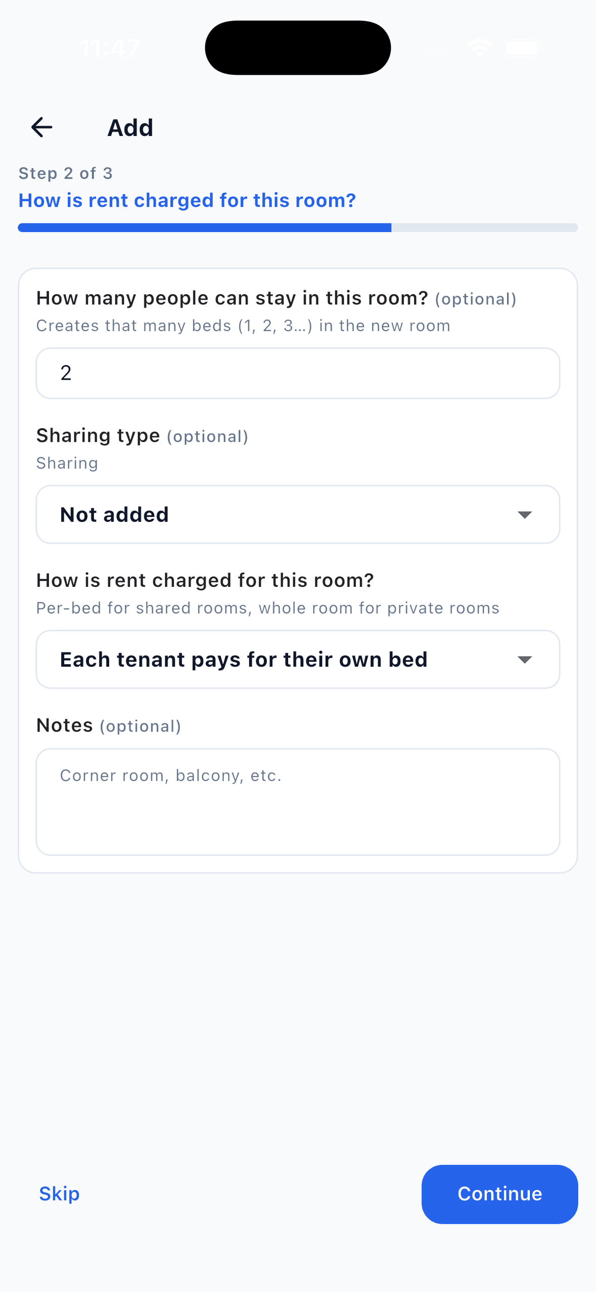 EasyAavaas add room step with capacity, sharing type and the choice between per-bed and whole-room rent