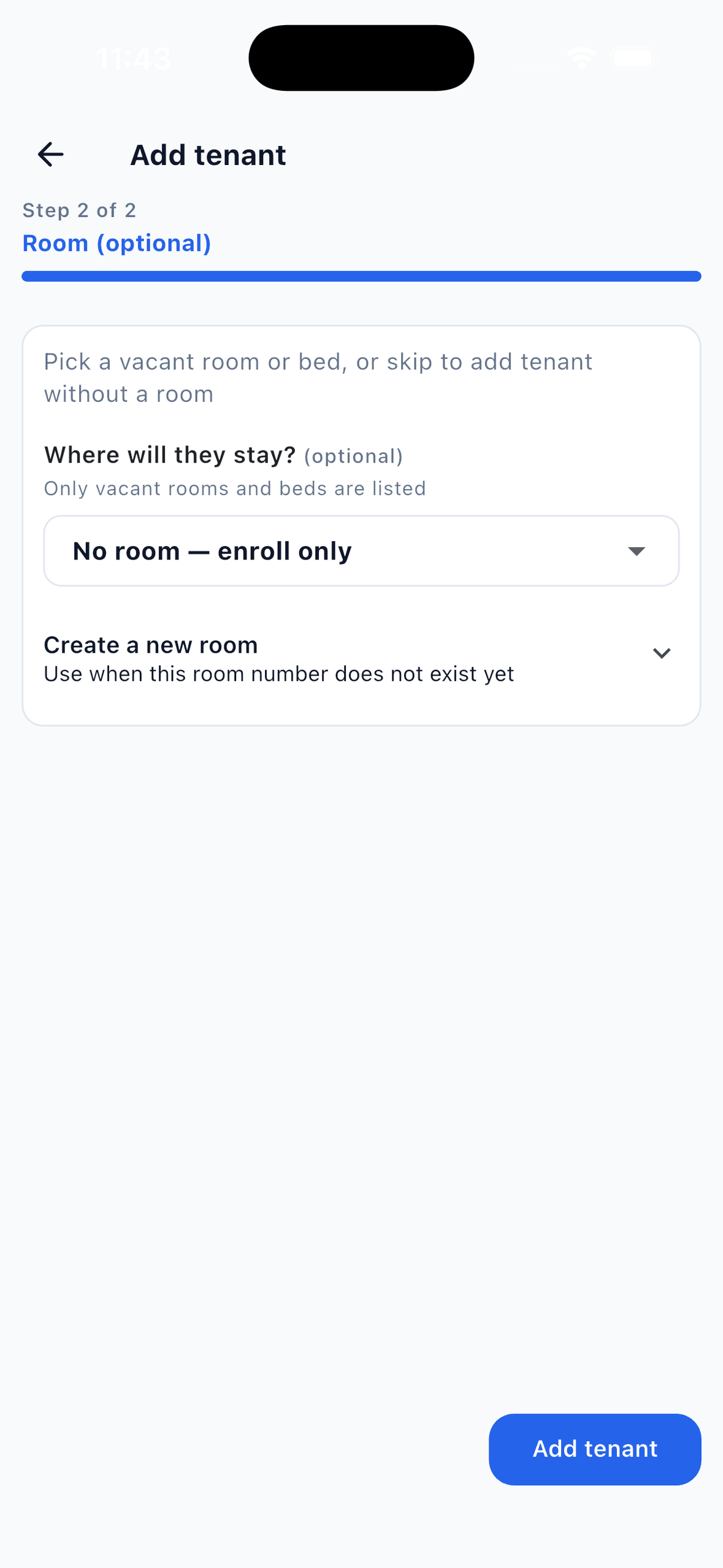 EasyAavaas add tenant step listing vacant rooms and beds to choose from, an option to enroll without a room and a button to create a room