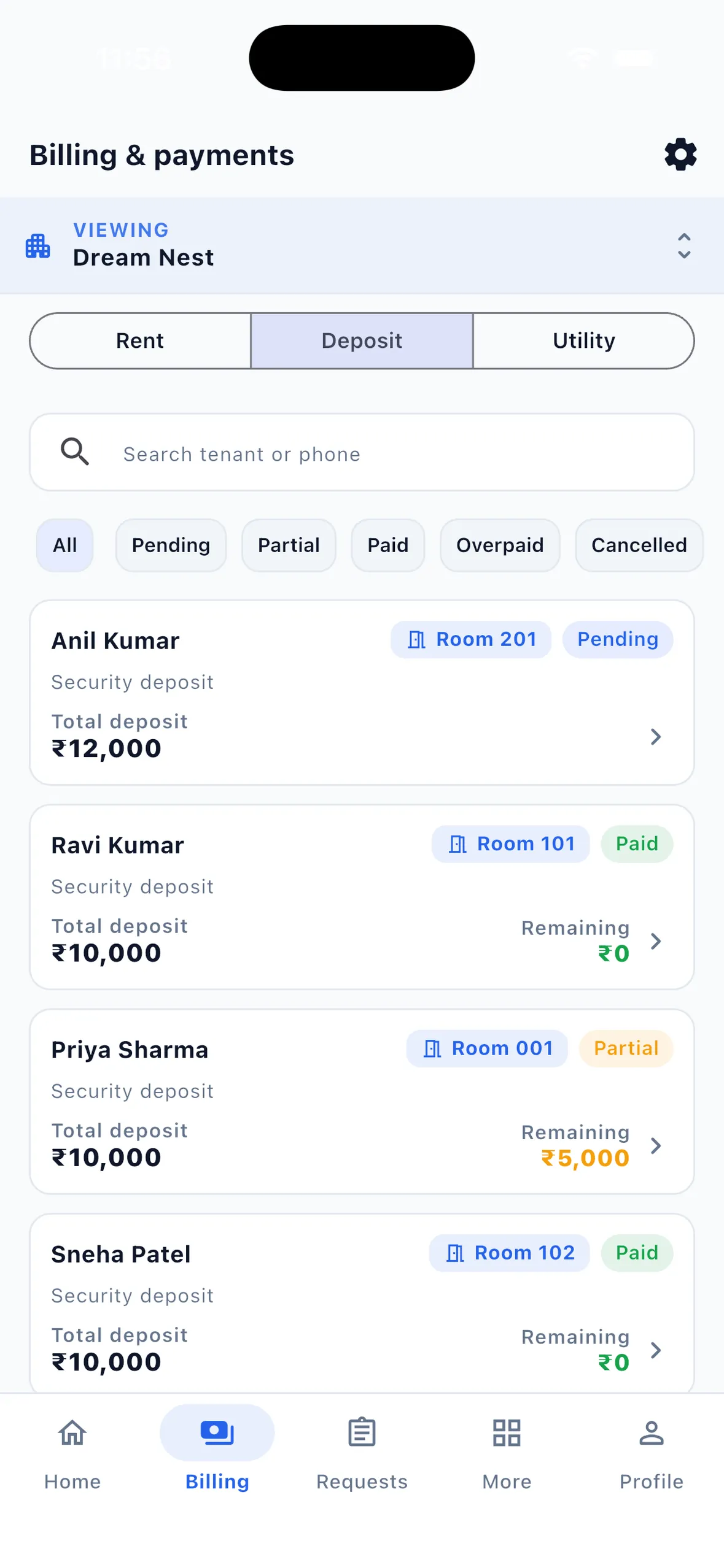 EasyAavaas Deposit tab listing security deposits per tenant with room, total deposit, remaining amount and Pending, Partial or Paid status
