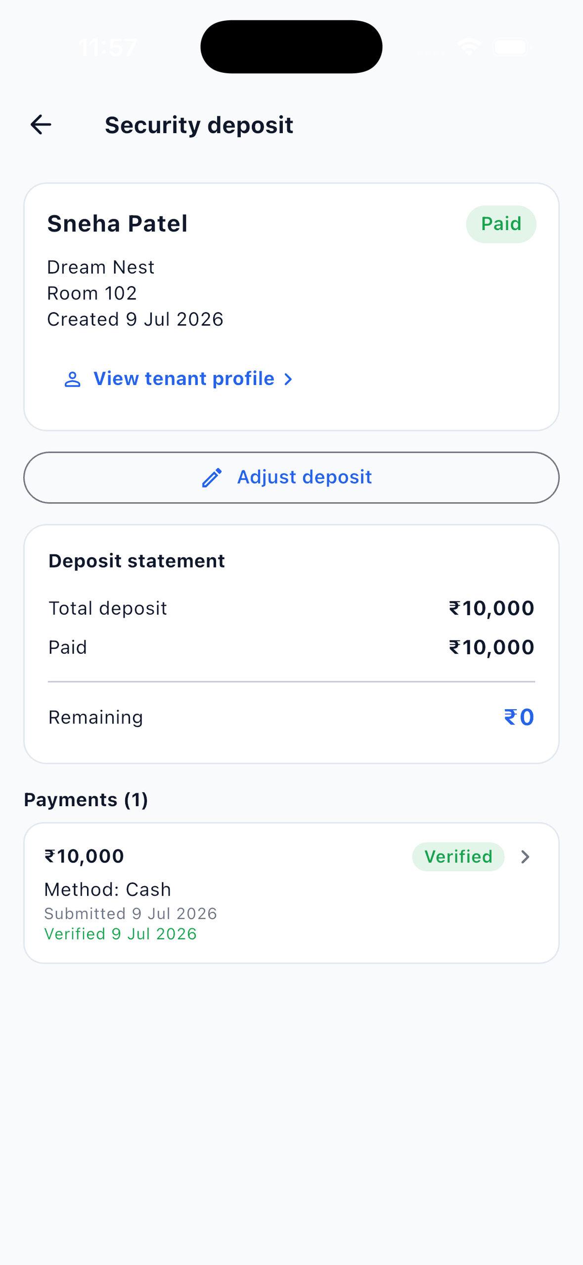 EasyAavaas deposit statement showing total deposit, amount paid, remaining balance and a verified cash payment