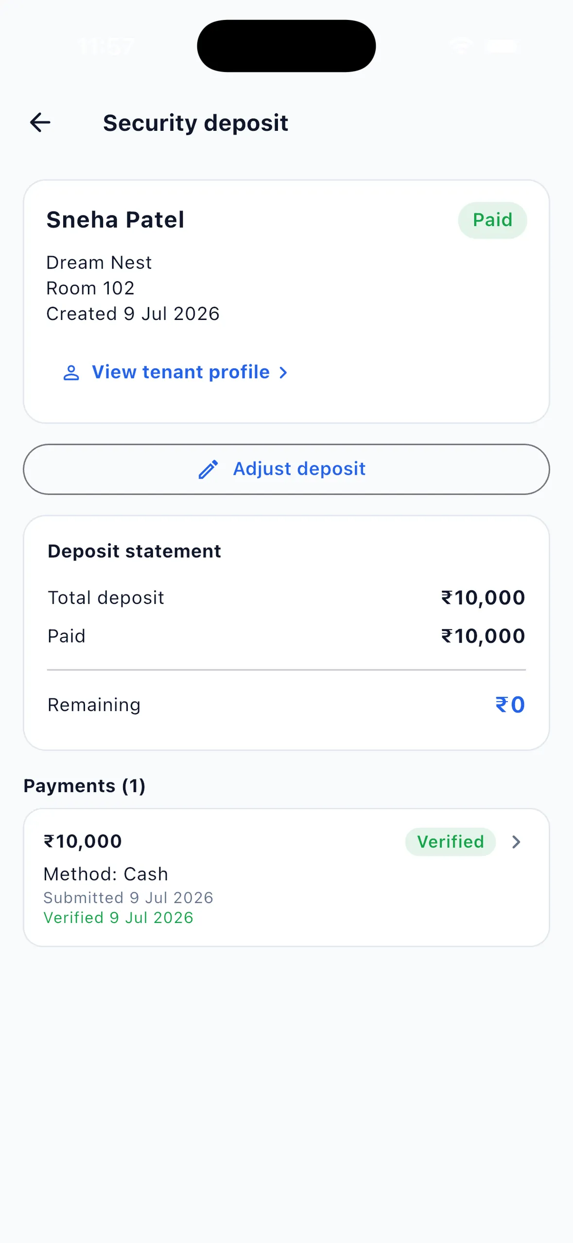 EasyAavaas security deposit statement showing total deposit, paid and remaining amounts, one verified cash payment and an Adjust deposit button