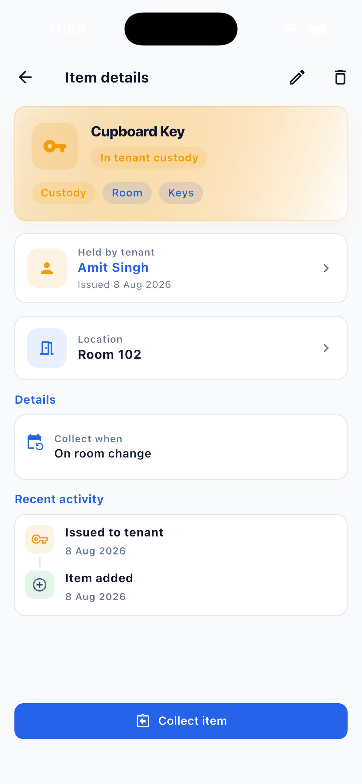 EasyAavaas inventory item detail showing a key in tenant custody, to be collected on room change, with activity history