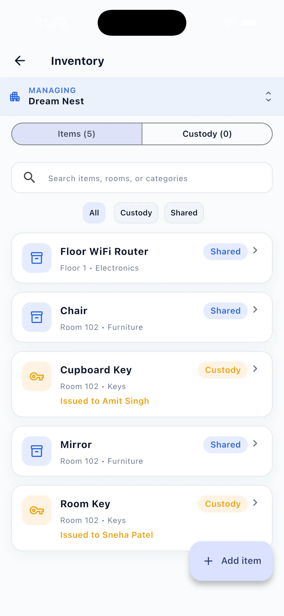 EasyAavaas Inventory screen listing shared items such as a floor Wi-Fi router, chair and mirror, and custody items such as a cupboard key and room key issued to named tenants