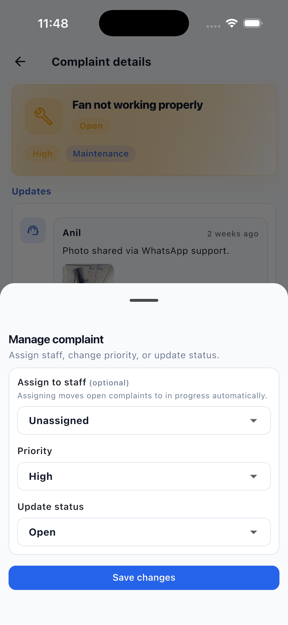 EasyAavaas manage complaint screen for assigning a staff member, setting priority and changing status