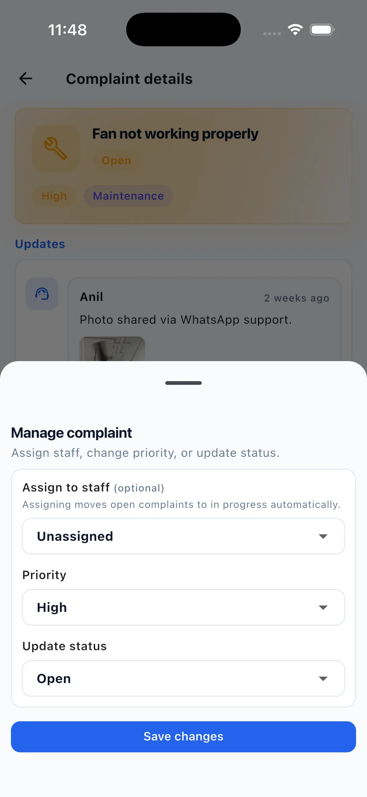 EasyAavaas Manage complaint sheet with Assign to staff, Priority and Update status fields
