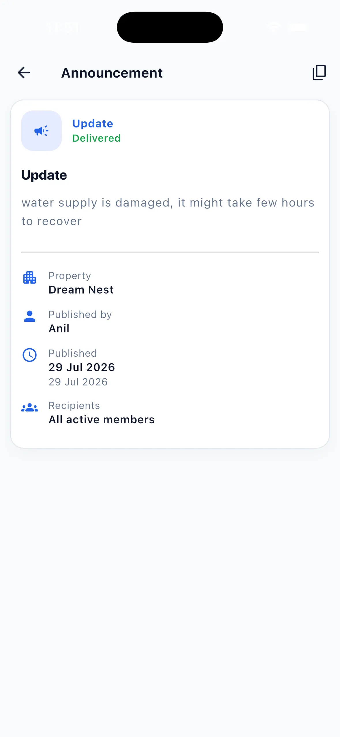 EasyAavaas announcement detail showing an Update marked Delivered, the property, who published it, the date and recipients All active members
