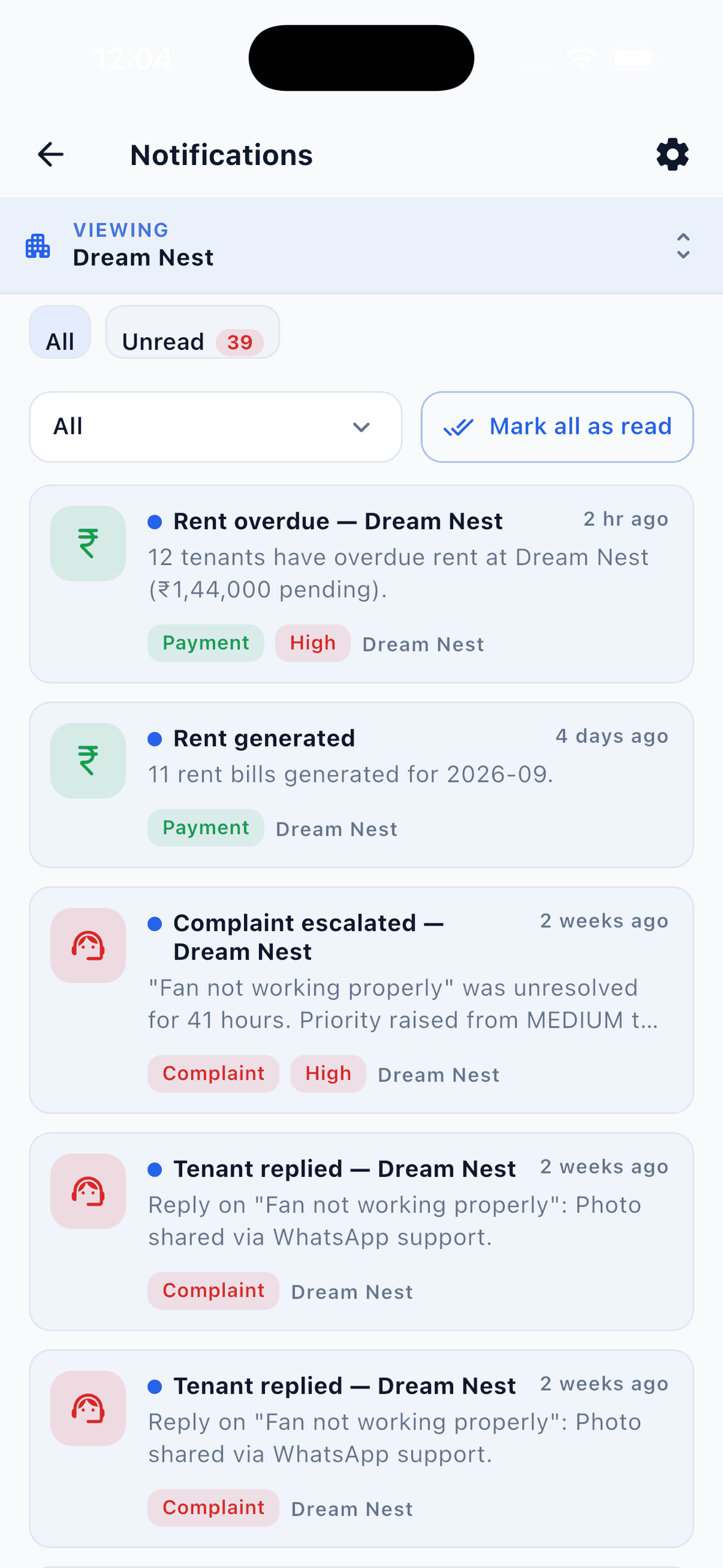 EasyAavaas notifications for Dream Nest: rent overdue summary, rent generated for 2026-09, a complaint escalated after 41 hours and tenant replies shared via WhatsApp