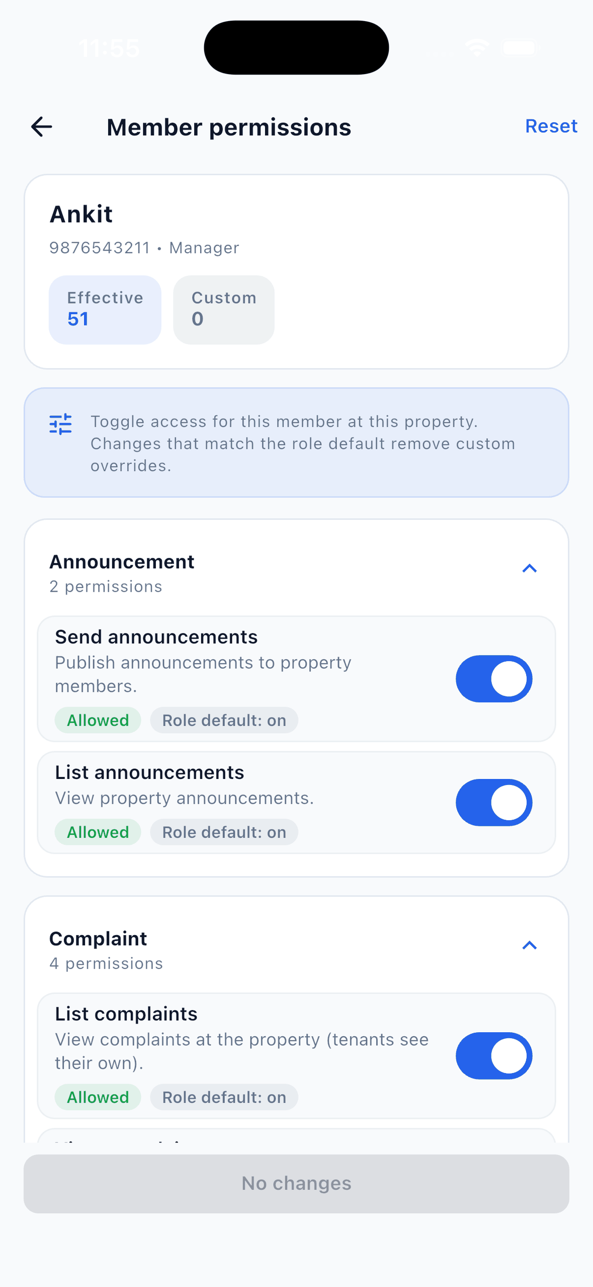 EasyAavaas member permissions screen with toggles compared against the role default
