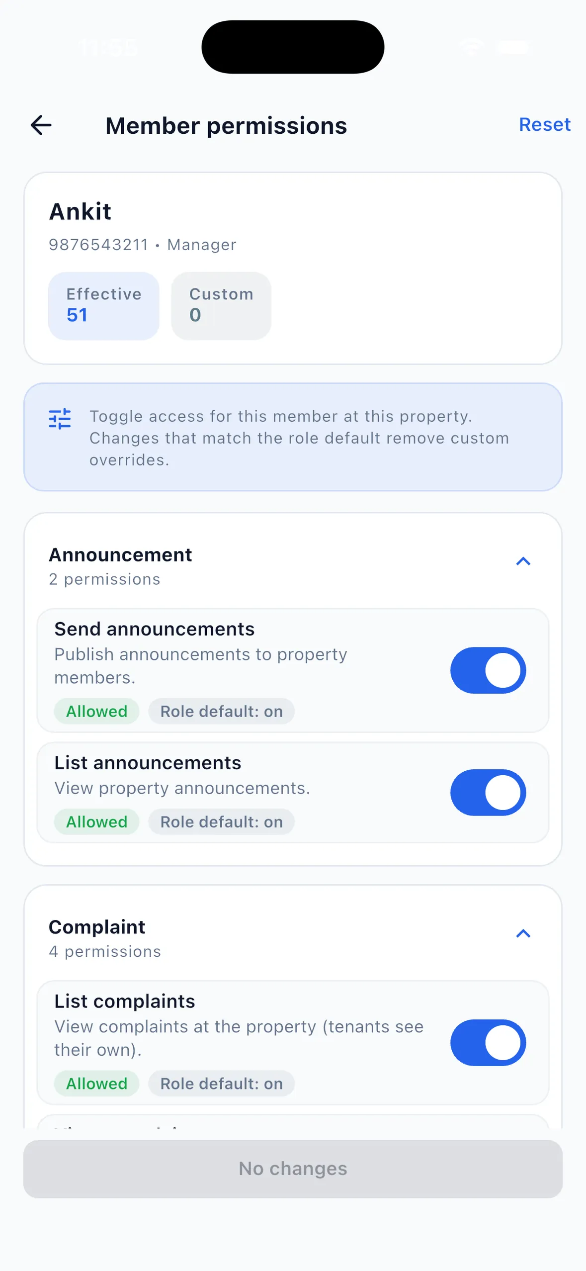 EasyAavaas Member permissions screen for a manager, with Send announcements and List announcements switched on and marked as the role default