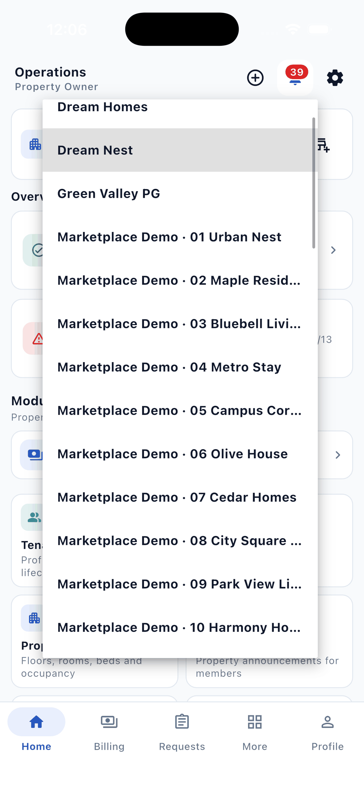 EasyAavaas property switcher listing several properties