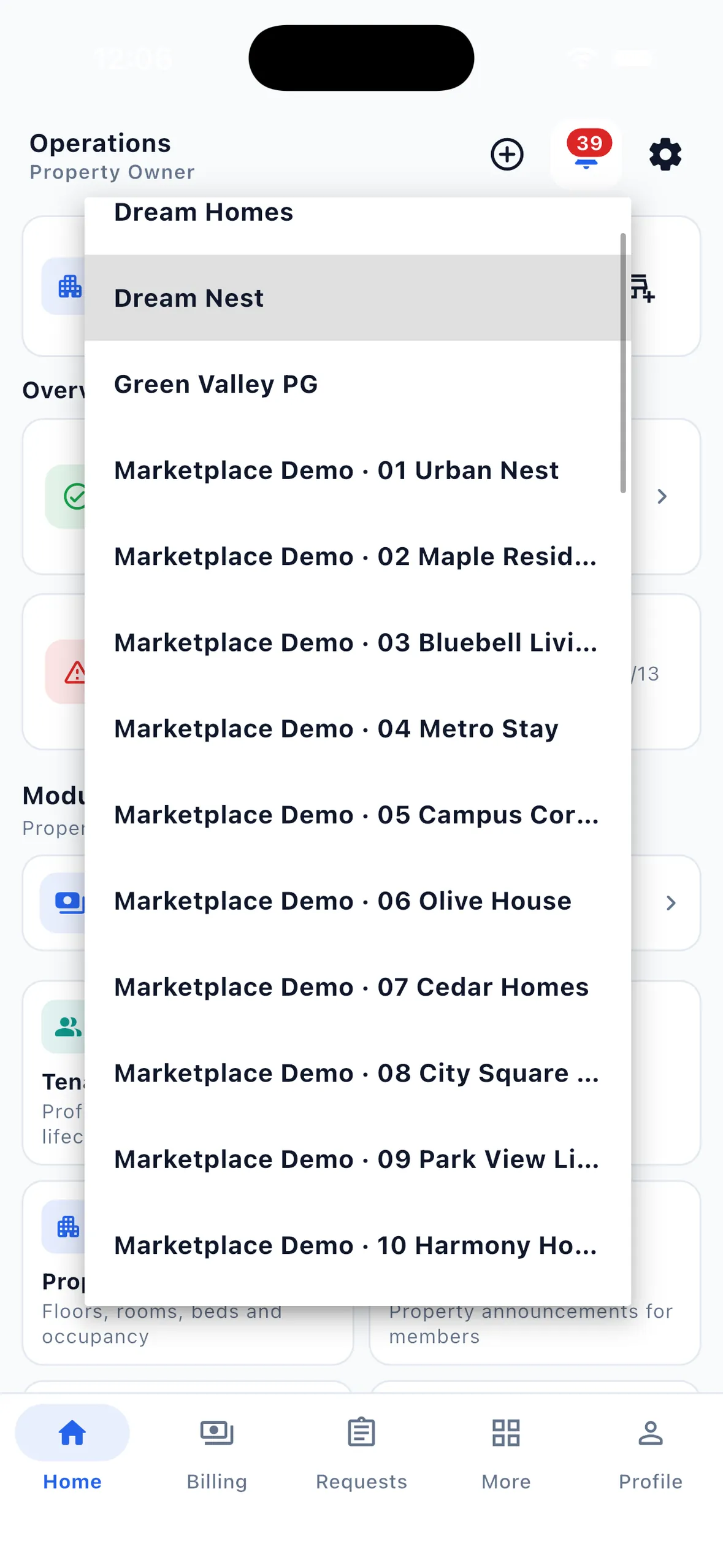 EasyAavaas property switcher listing several example properties under one owner account