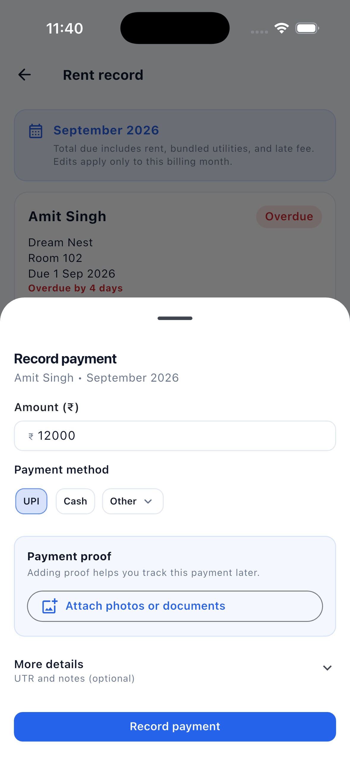 EasyAavaas record payment form with amount, UPI, cash or other method, a payment proof attachment, UTR and notes