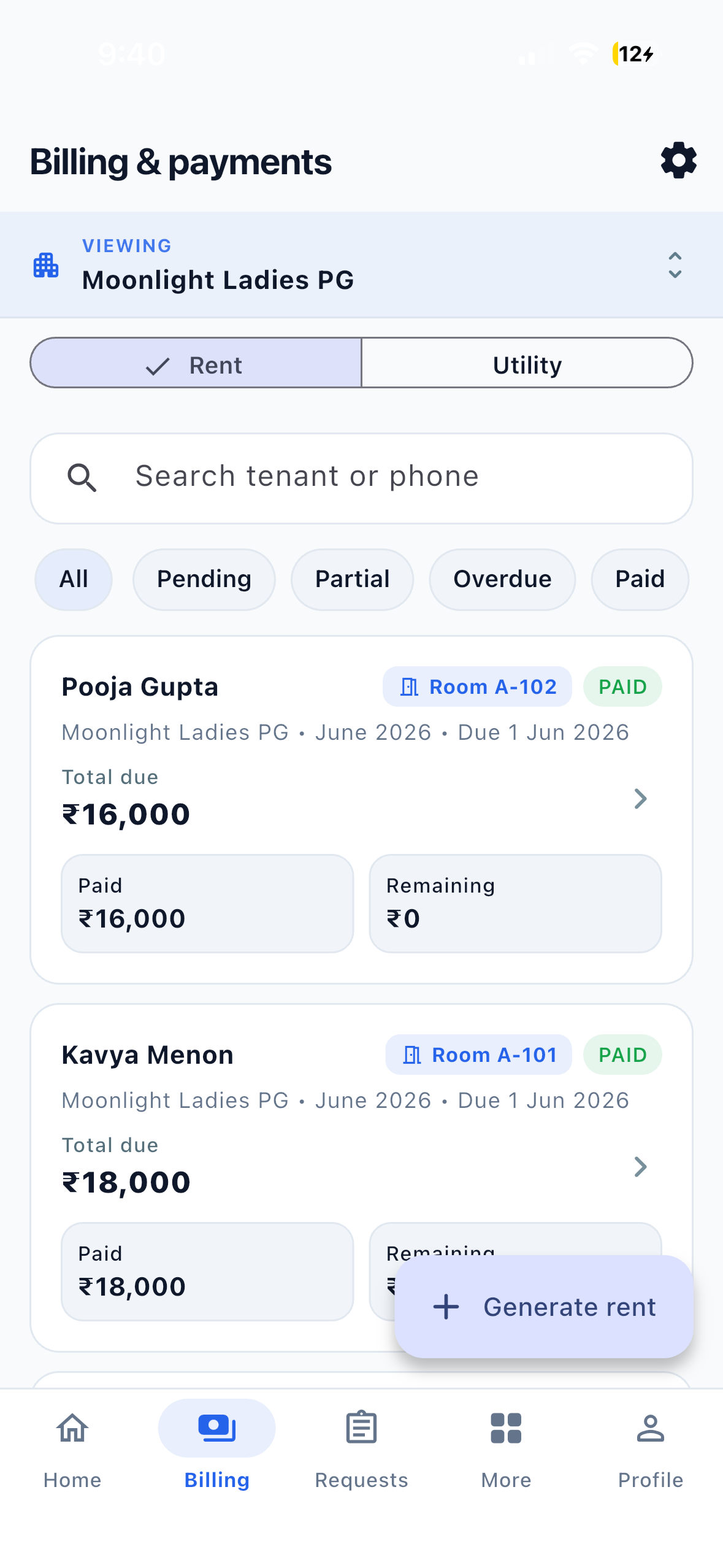 EasyAavaas rent and billing screen on iPhone