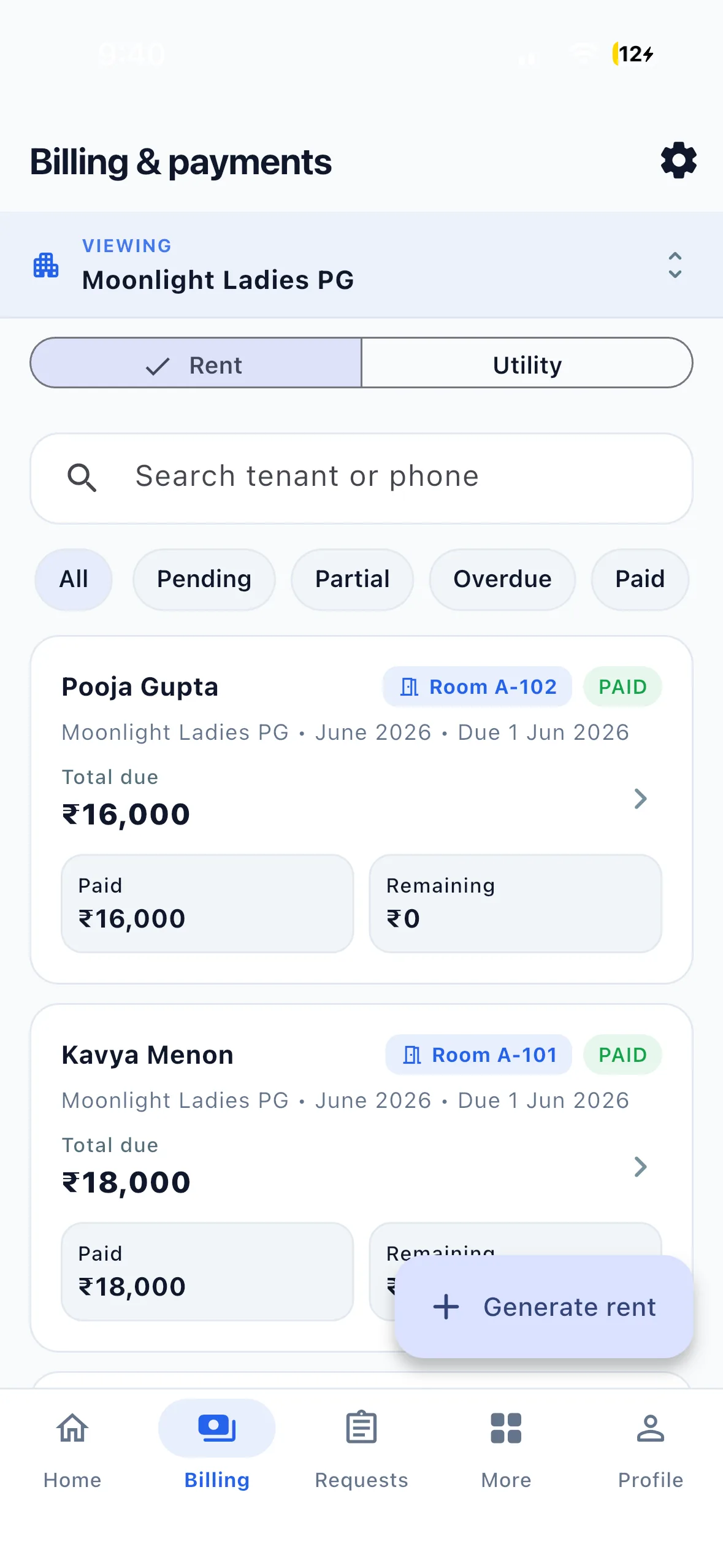 EasyAavaas rent and billing screen showing payment status filters