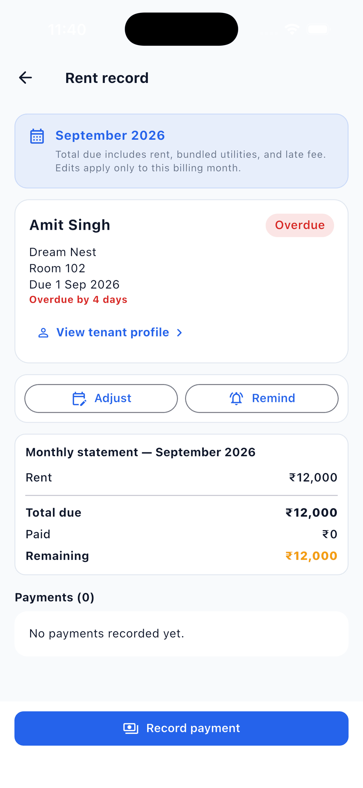EasyAavaas monthly rent statement with Adjust, Remind and Record payment actions