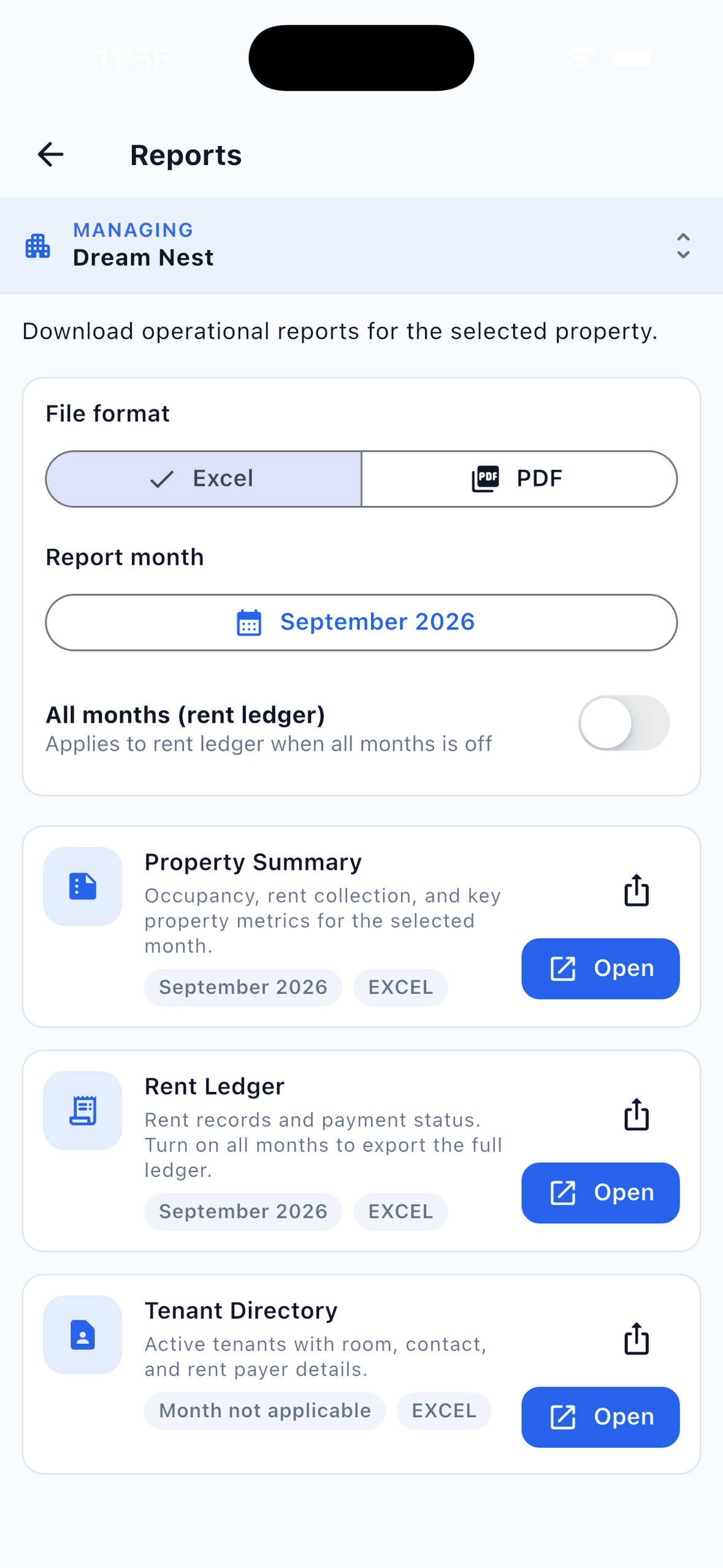 EasyAavaas reports screen with Excel and PDF formats, a report month and the Property Summary, Rent Ledger and Tenant Directory reports