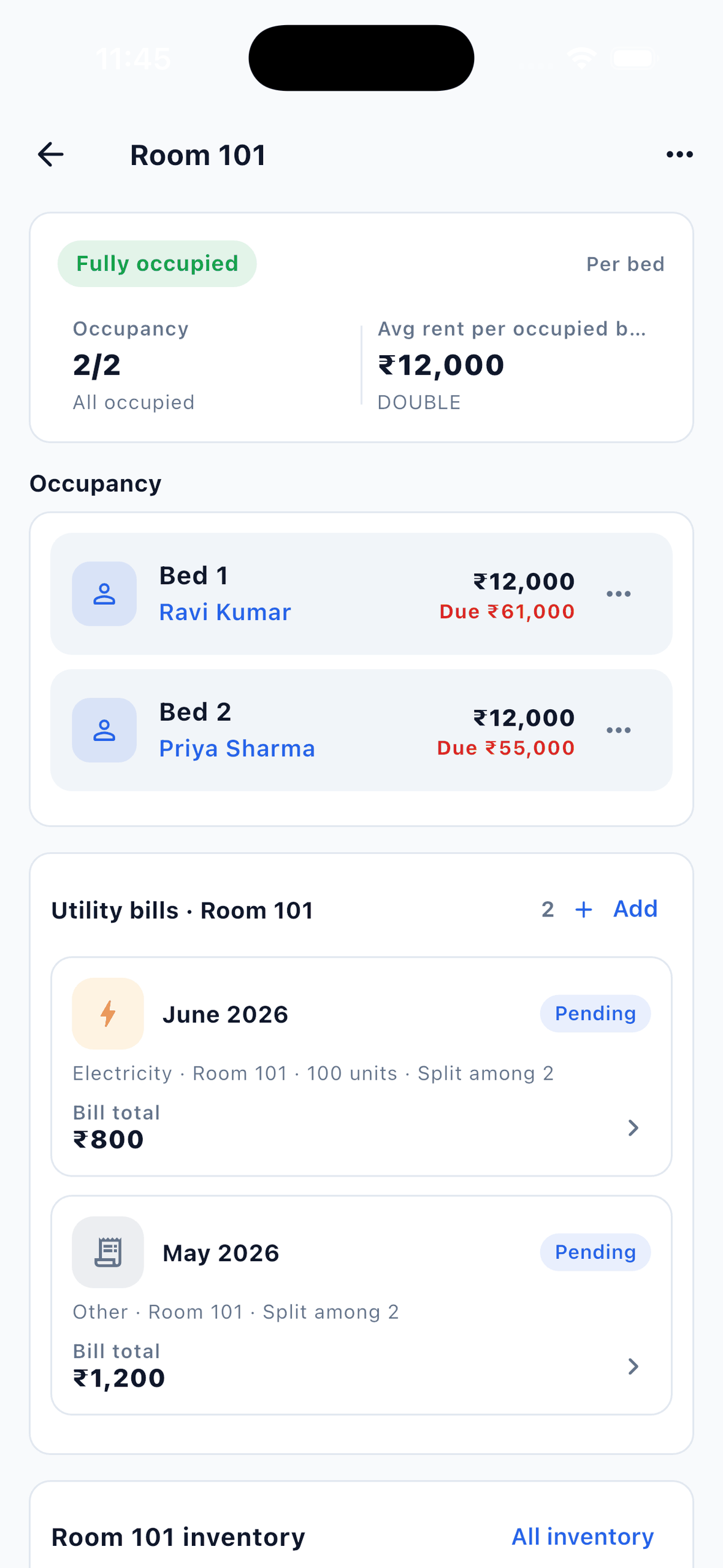 EasyAavaas room detail showing two occupied beds with rent and dues