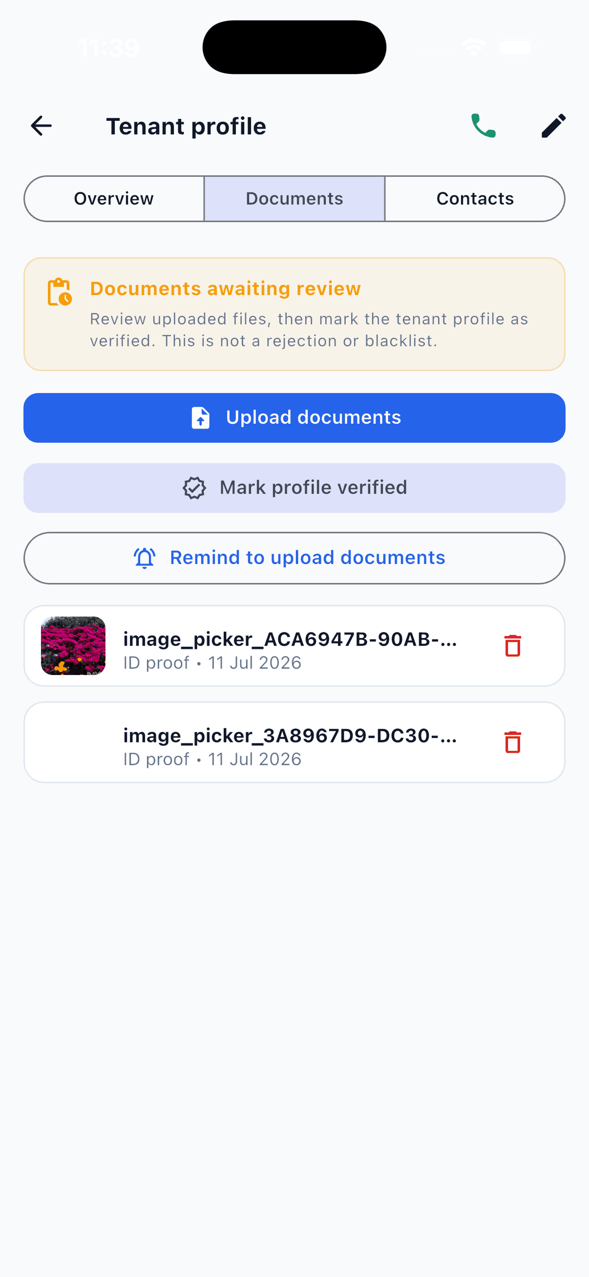 EasyAavaas tenant documents awaiting review with upload, Mark profile verified and remind to upload options