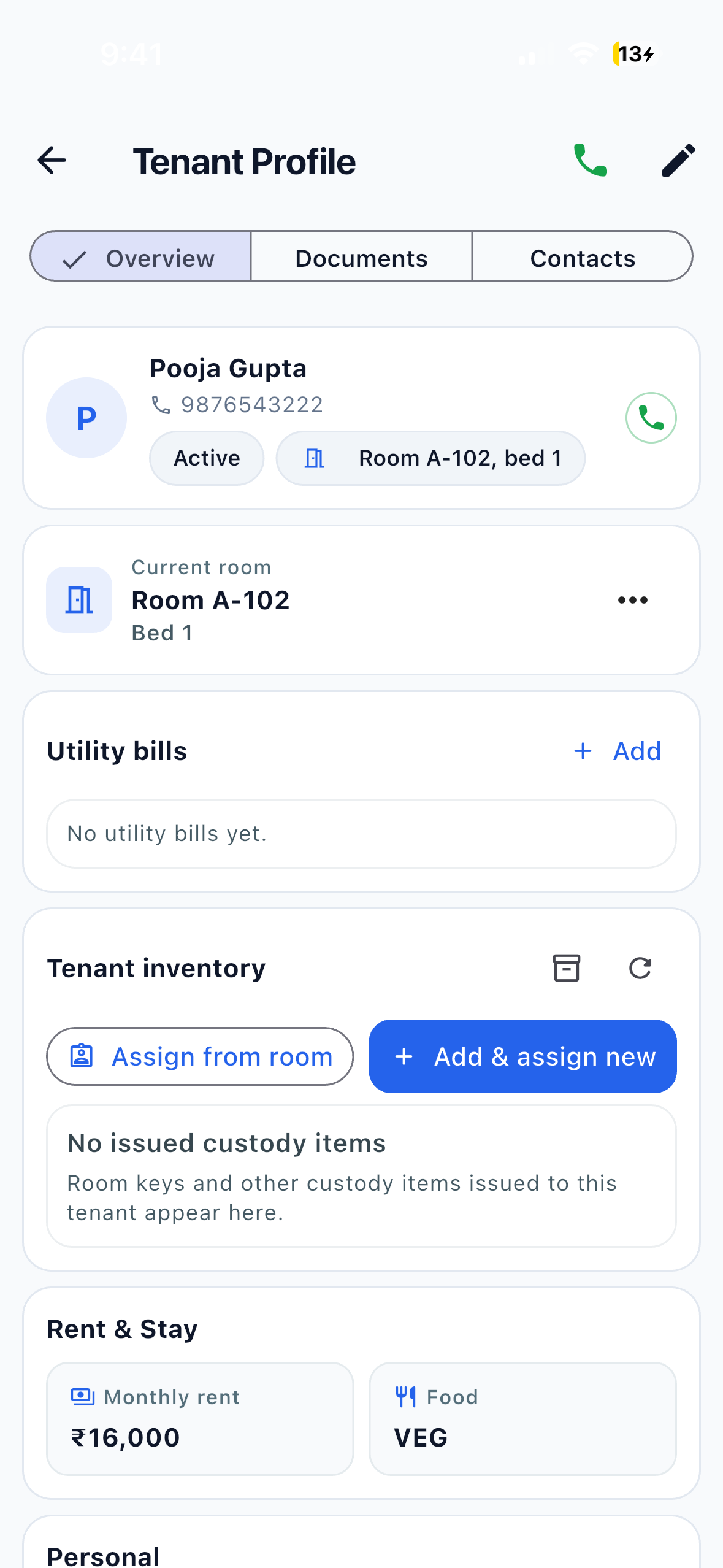 EasyAavaas tenant management screen on iPhone