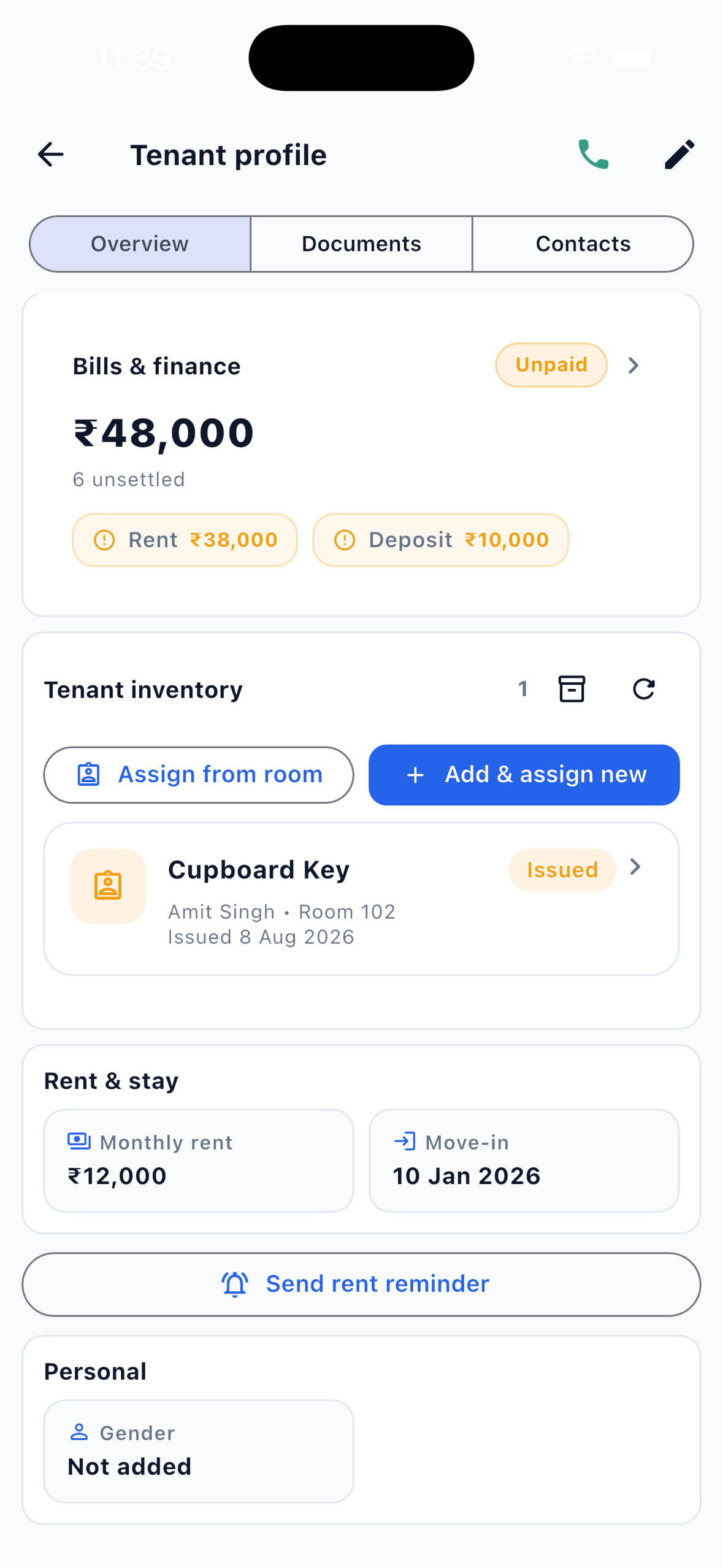 EasyAavaas tenant profile showing monthly rent, move-in date and a Send rent reminder button
