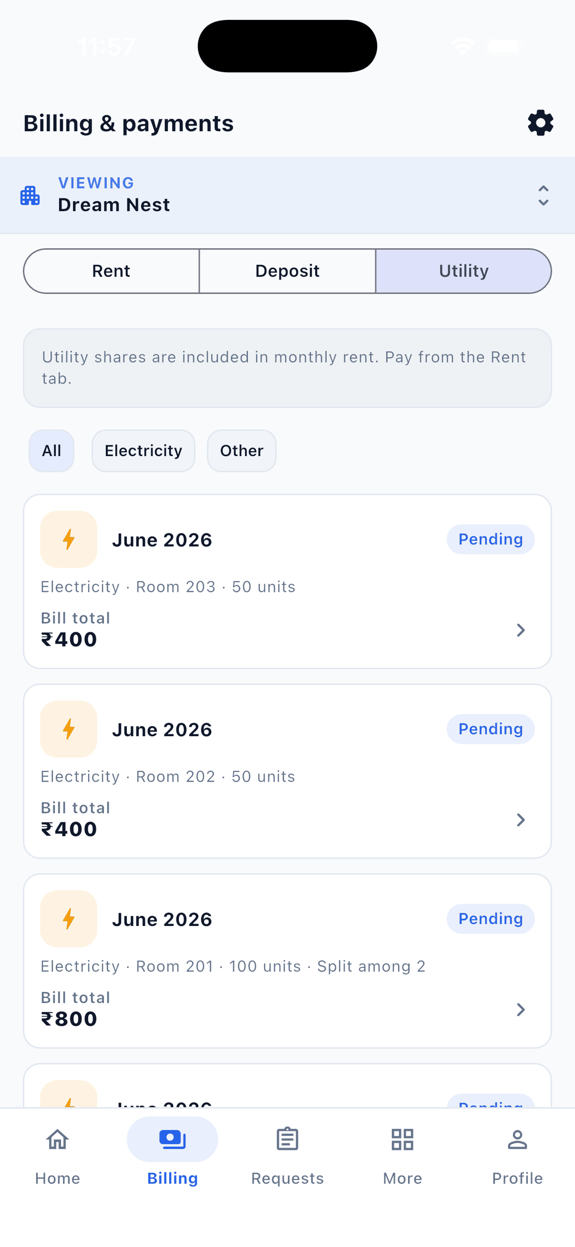 EasyAavaas utility bills list with electricity charged by room, units used and bill total