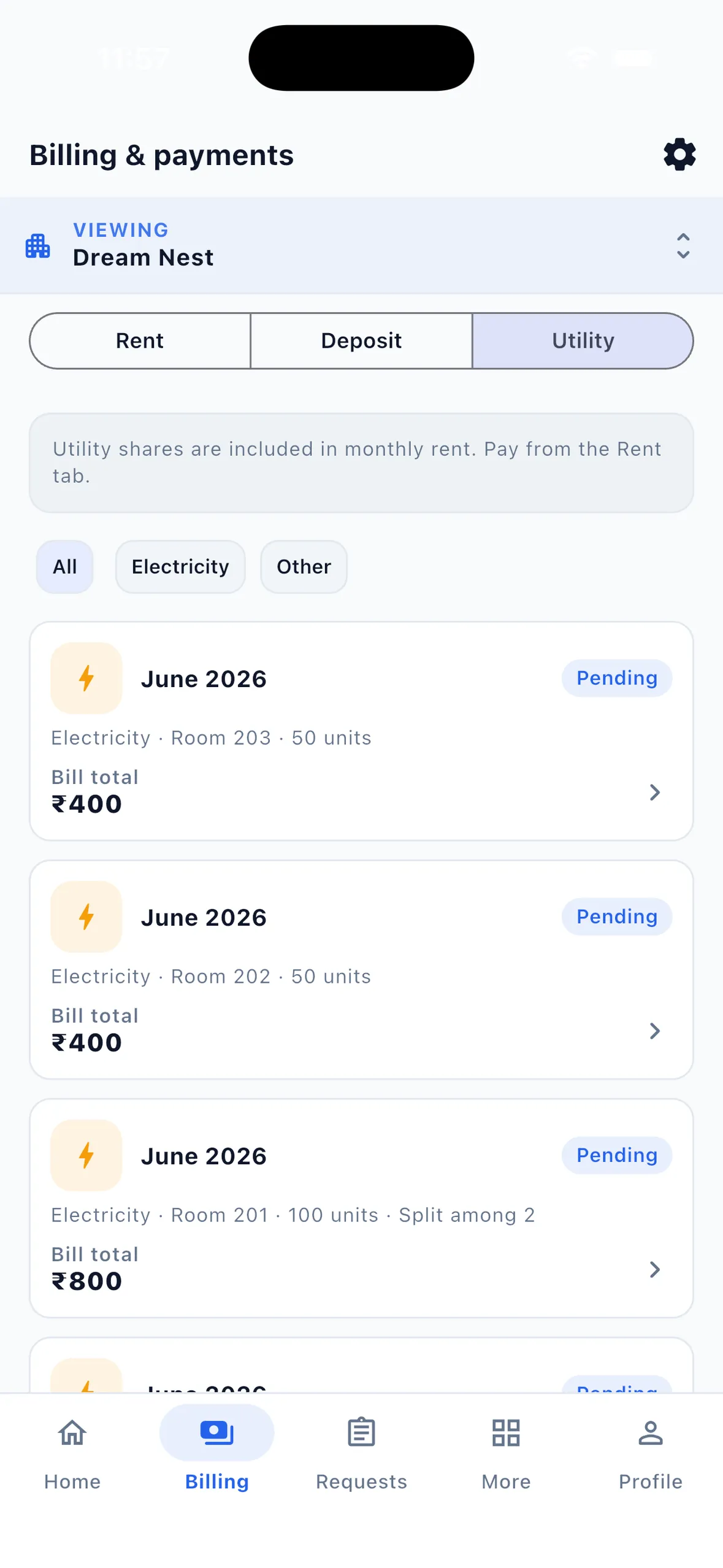 EasyAavaas Utility tab listing June electricity bills by room with units consumed, one bill split among two tenants, and bill totals