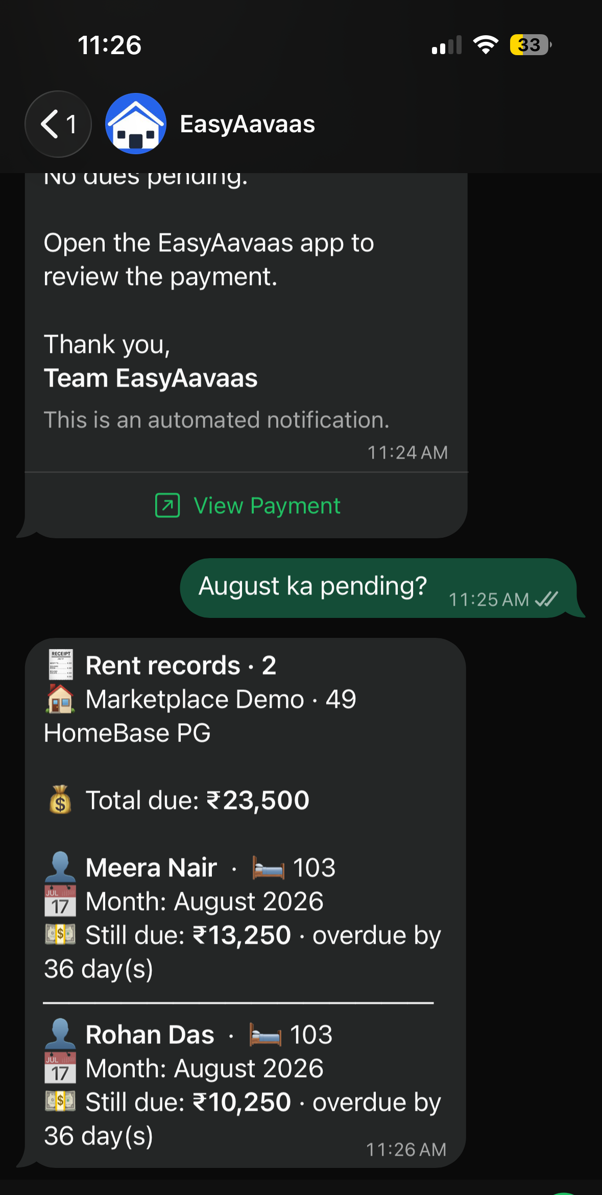 An automated EasyAavaas notification in the same thread, ending "No dues pending. Open the EasyAavaas app to review the payment. Thank you, Team EasyAavaas. This is an automated notification." with a "View Payment" button. Below it the owner asks "August ka pending?" and gets a card headed "Rent records · 2" with a total due of ₹23,500.
