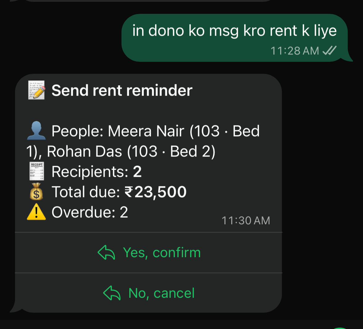 The owner types "in dono ko msg kro rent k liye". The assistant replies with a card headed "Send rent reminder" naming the people it will message — Meera Nair in 103 bed 1 and Rohan Das in 103 bed 2 — with Recipients 2, Total due ₹23,500 and Overdue 2, then "Yes, confirm" and "No, cancel".