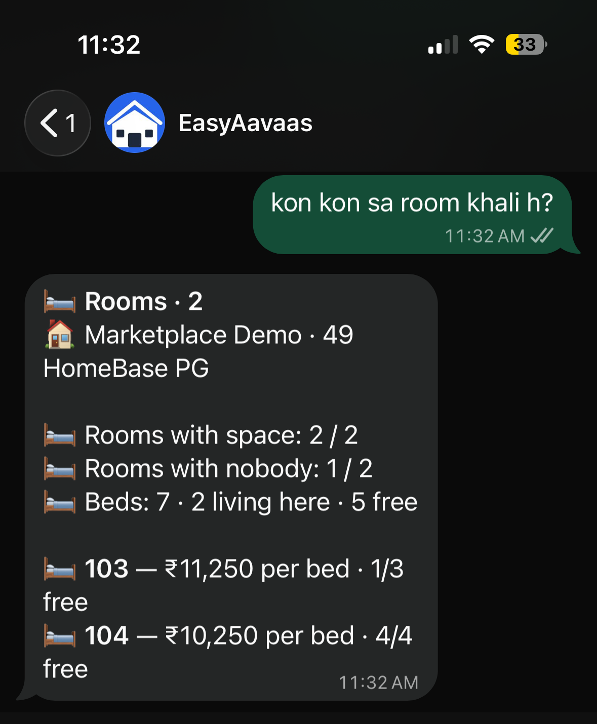 The owner types "kon kon sa room khali h?" and the reply is a card headed "Rooms · 2" showing rooms with space 2 of 2, rooms with nobody 1 of 2, "Beds: 7 · 2 living here · 5 free", then room 103 at ₹11,250 per bed with 1 of 3 free and room 104 at ₹10,250 per bed with 4 of 4 free.