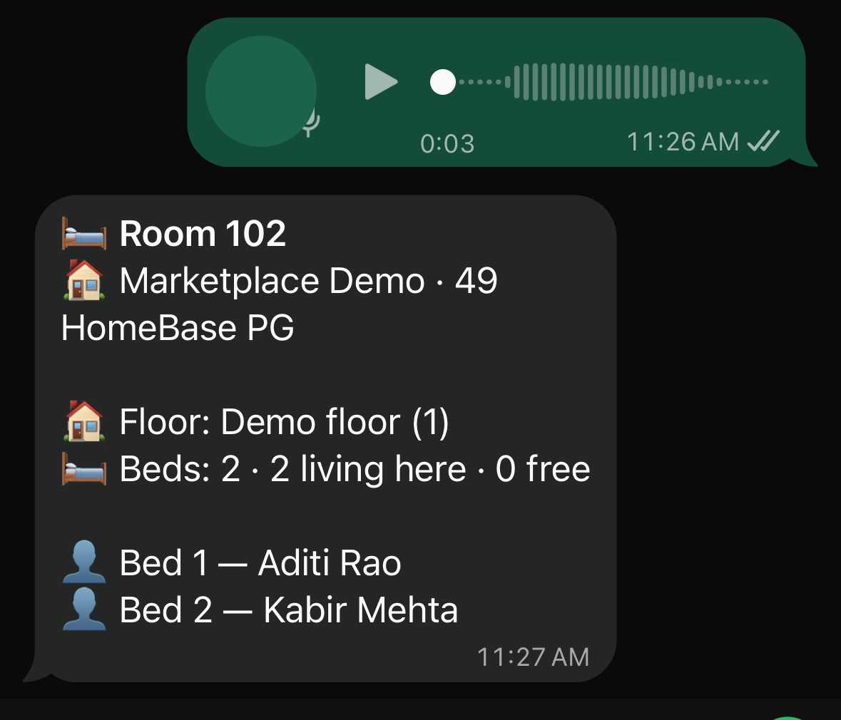 A three-second voice note sent into the chat, answered with a card headed "Room 102" for Marketplace Demo · 49 HomeBase PG: floor "Demo floor (1)", "Beds: 2 · 2 living here · 0 free", then Bed 1 — Aditi Rao and Bed 2 — Kabir Mehta.